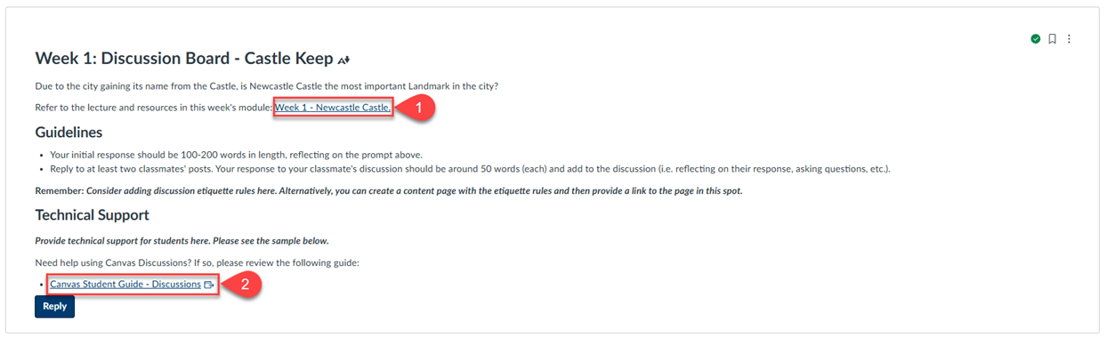 Screenshot of the Canvas RCE for Discussions with links to course content and support highlighted